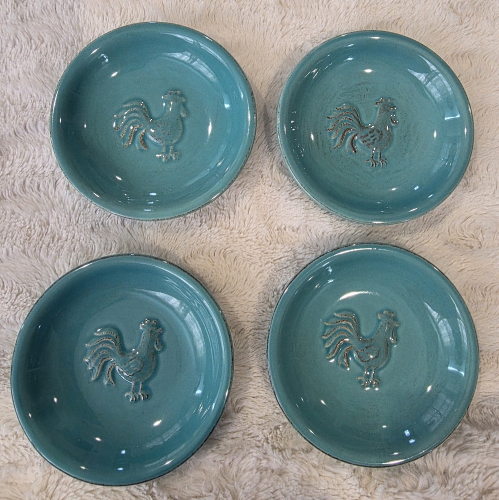 American Retro Turquoise Dipping Sauce Bowls 4"- Set of 4 Embossed Rooster 2004